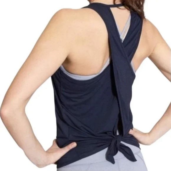 Athleta Tank Top Essence Cross Back Stripe Heather Sleeveless Stretch Navy Blue - Picture 1 of 11